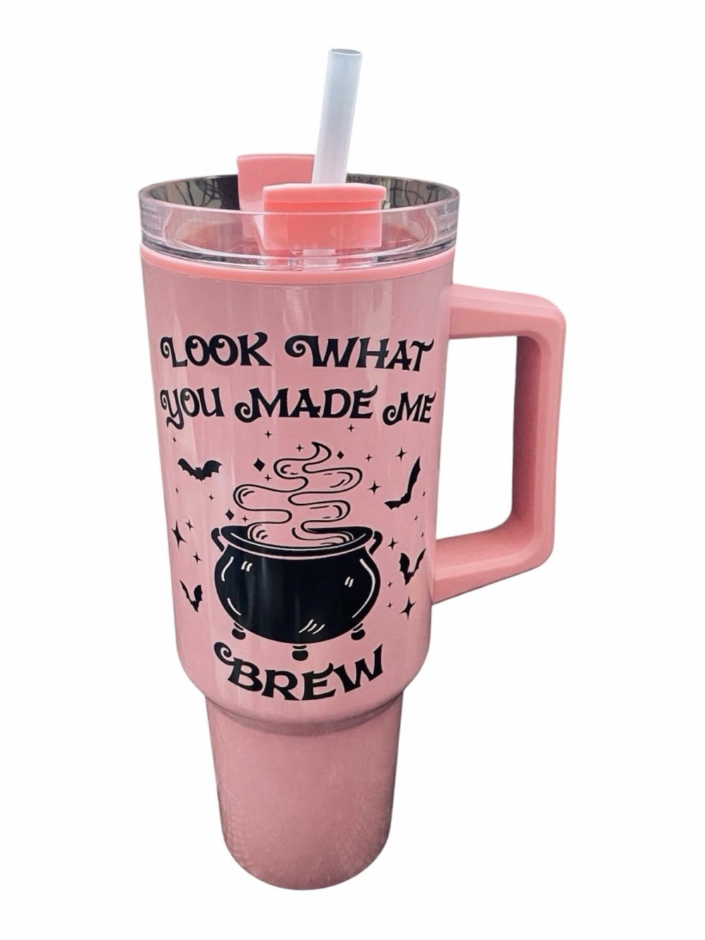 Pink 'Look What You Made Me Brew' Travel Tumbler with Handle - 40 Oz- New